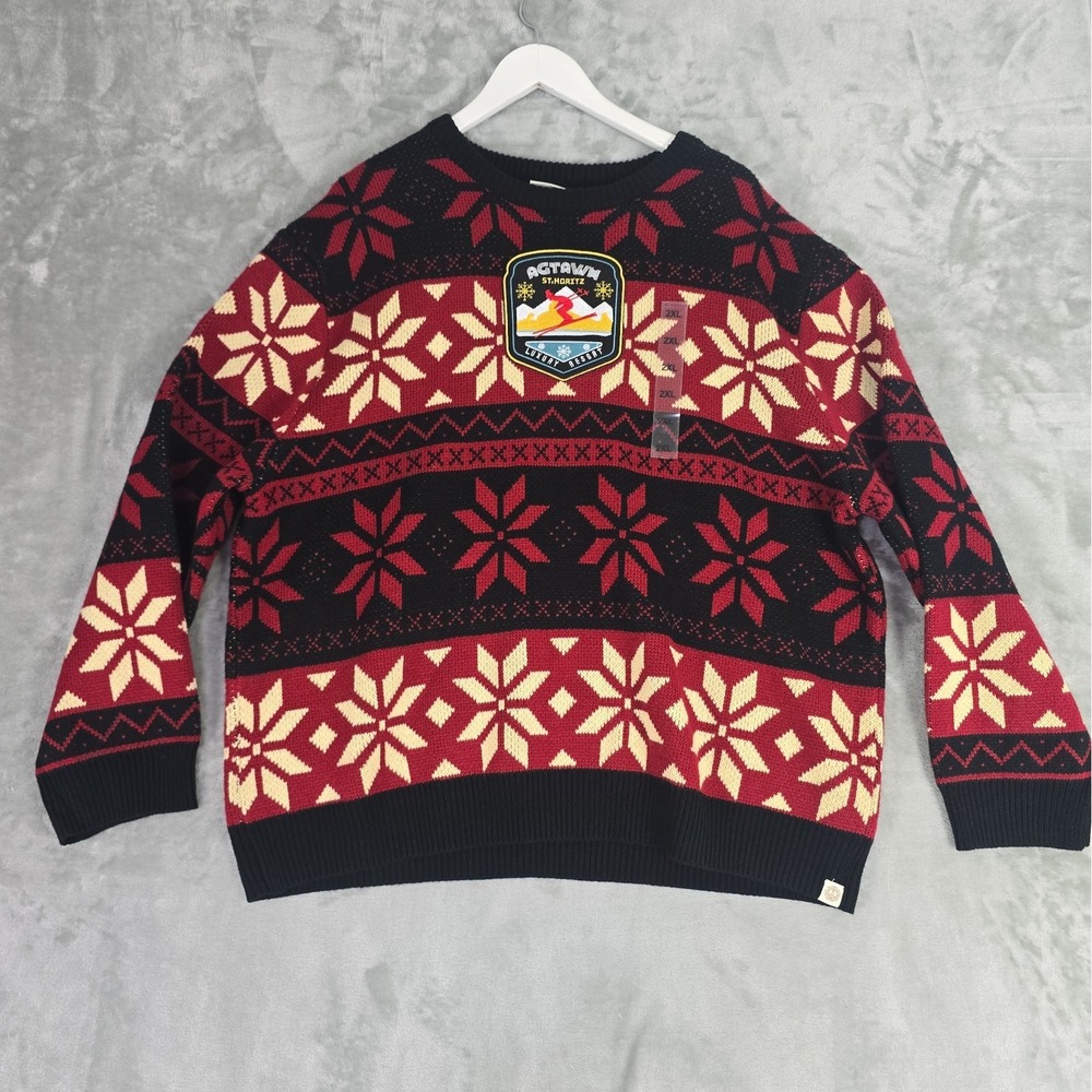 AGTAWH St Moritz Mens Nordic Crew Neck Sweater 2XL Red Black Ski Apres Holiday